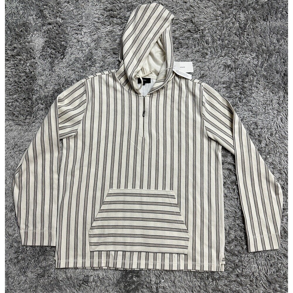 Vince Men's Half Zip Pullover Hoodie Beige/Grey/Brown Stripe L